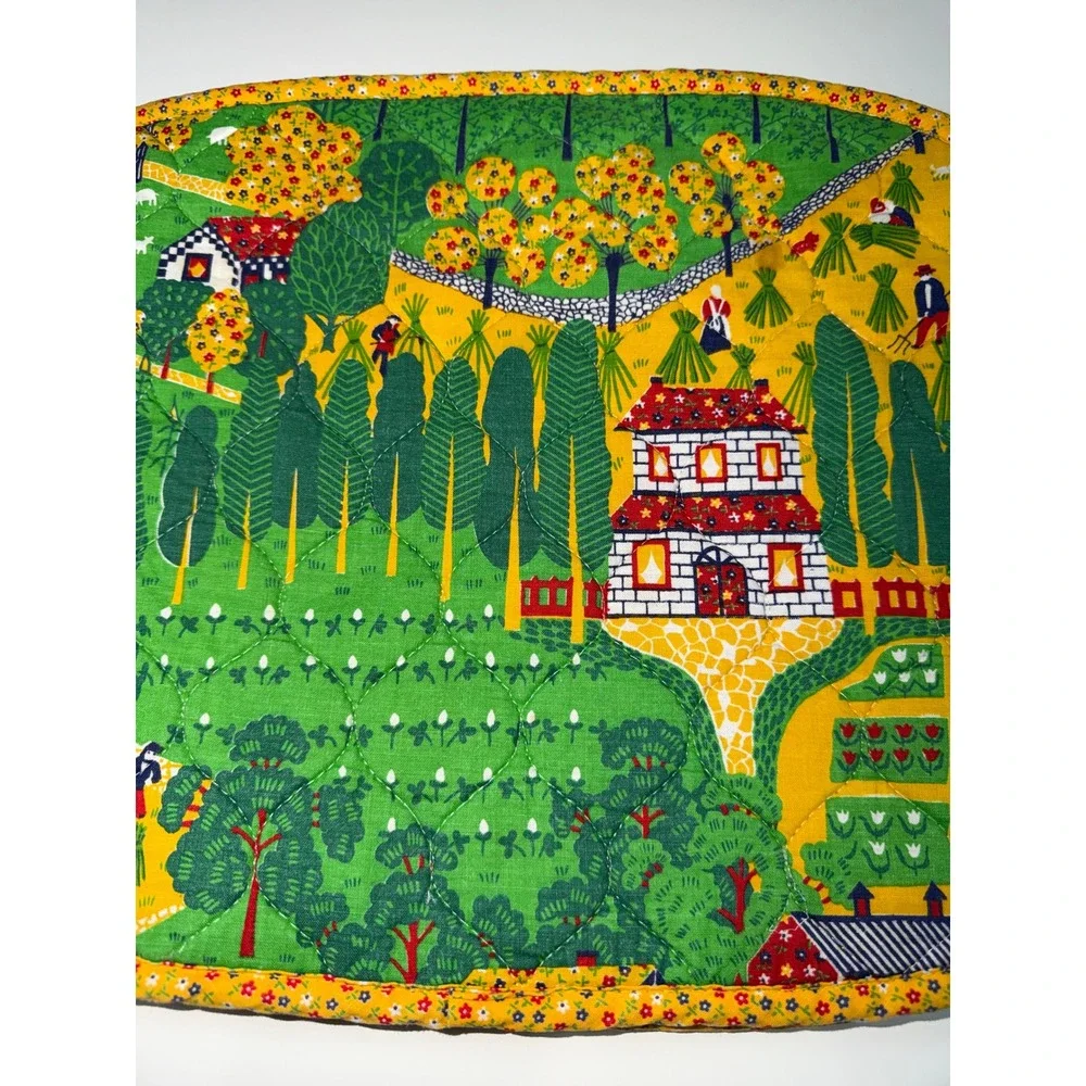 Farm Folk Art Quilted Placemats Green Yellow‎ Set of 4 Cottagecore Farmer Calico
